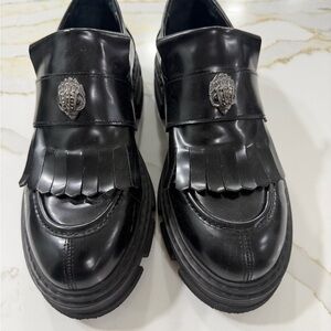 Kurt Geiger Black Leather Loafers with Fringe and Silver Detail